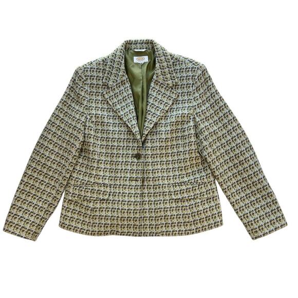 Talbots Jackets & Blazers - Talbots Vintage Italian Wool Blend Tweed Blazer Womens 12 Petite Check Green